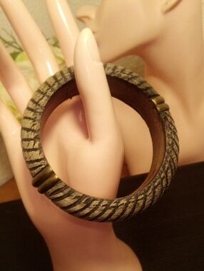 Textured Wooden Bangle Bracelet with Brass Accents - Taupe and Gold